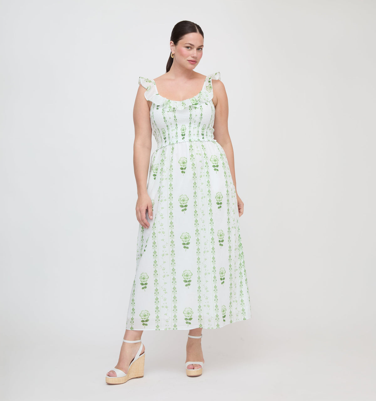 The Cambria Nap Dress in White/Green Arcadia Border