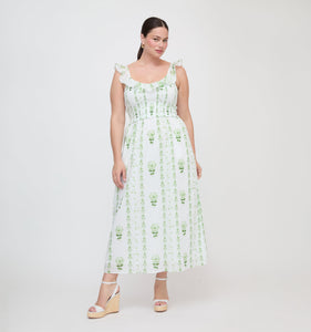 The Cambria Nap Dress in White/Green Arcadia Border
