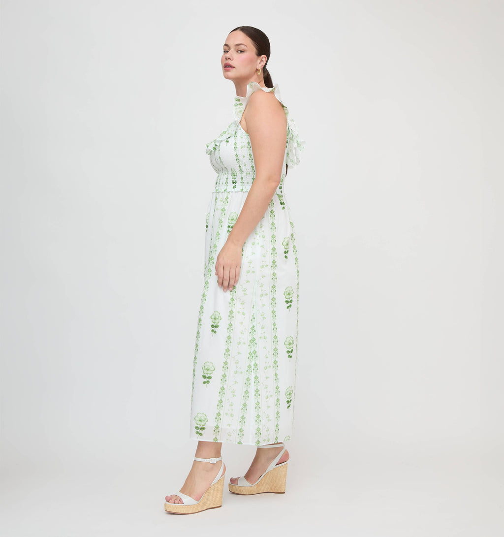 The Cambria Nap Dress in White/Green Arcadia Border