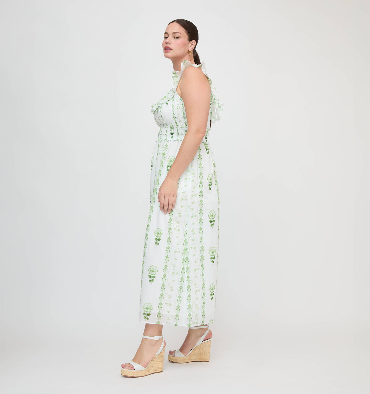 The Cambria Nap Dress in White/Green Arcadia Border