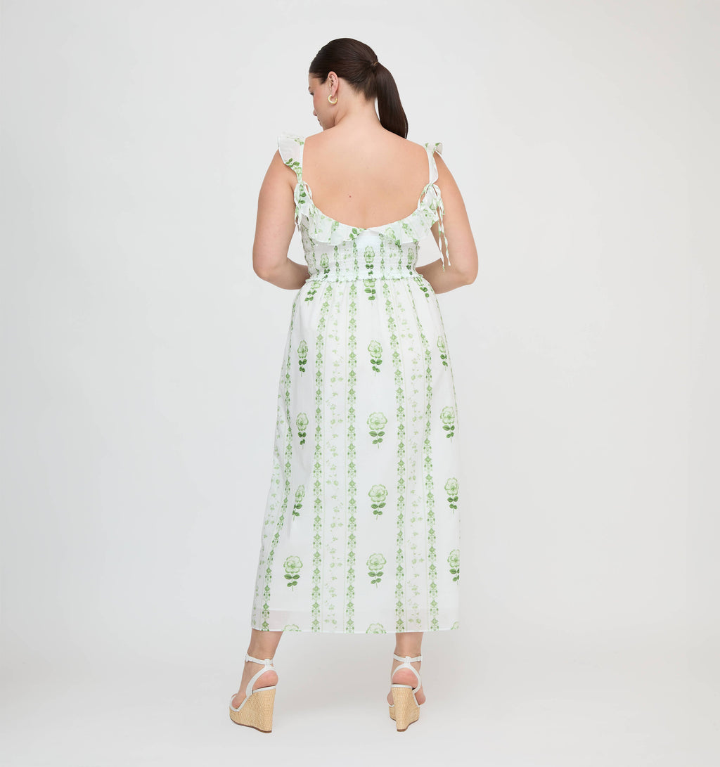 The Cambria Nap Dress in White/Green Arcadia Border