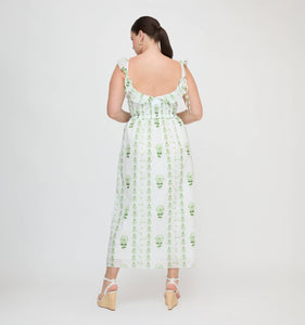 The Cambria Nap Dress in White/Green Arcadia Border
