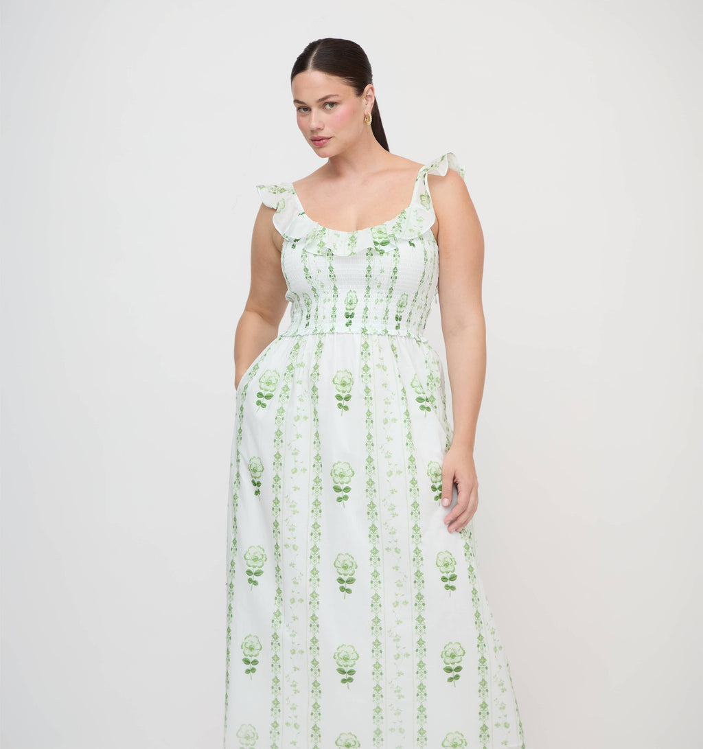 The Cambria Nap Dress in White/Green Arcadia Border
