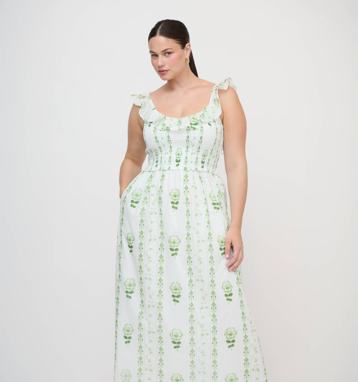 The Cambria Nap Dress in White/Green Arcadia Border