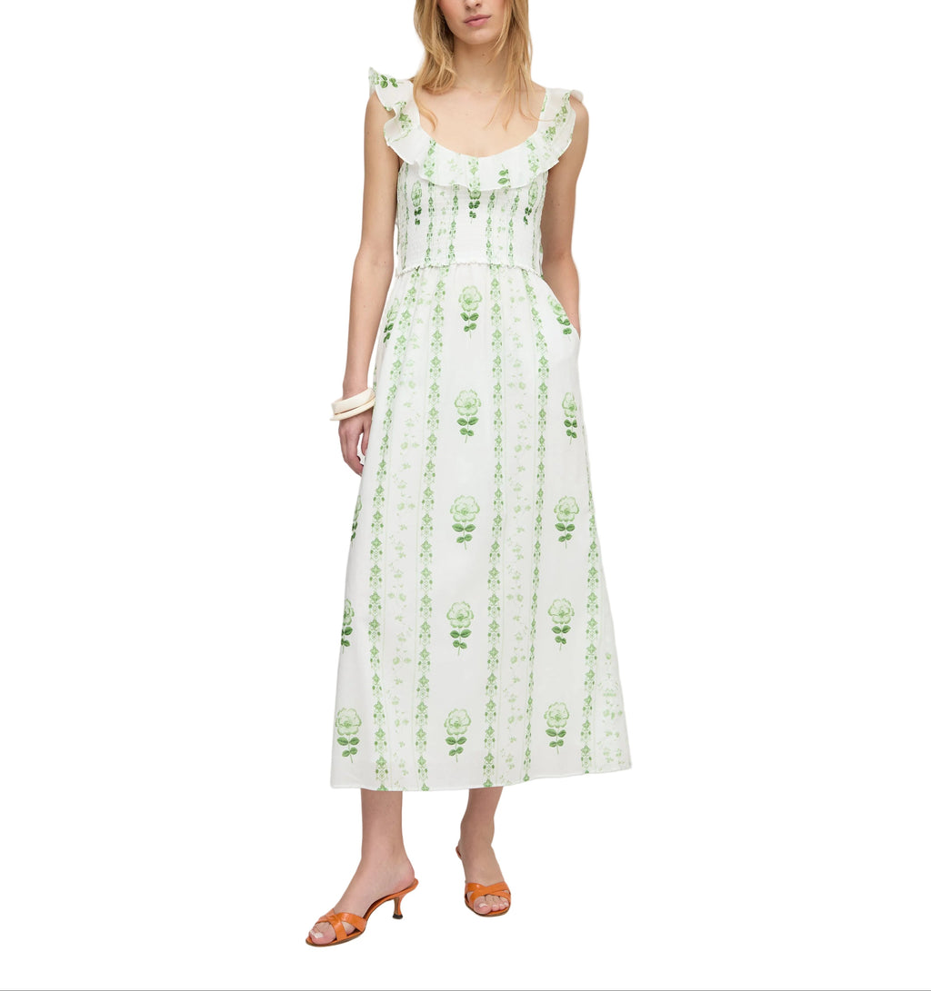 The Cambria Nap Dress in White/Green Arcadia Border
