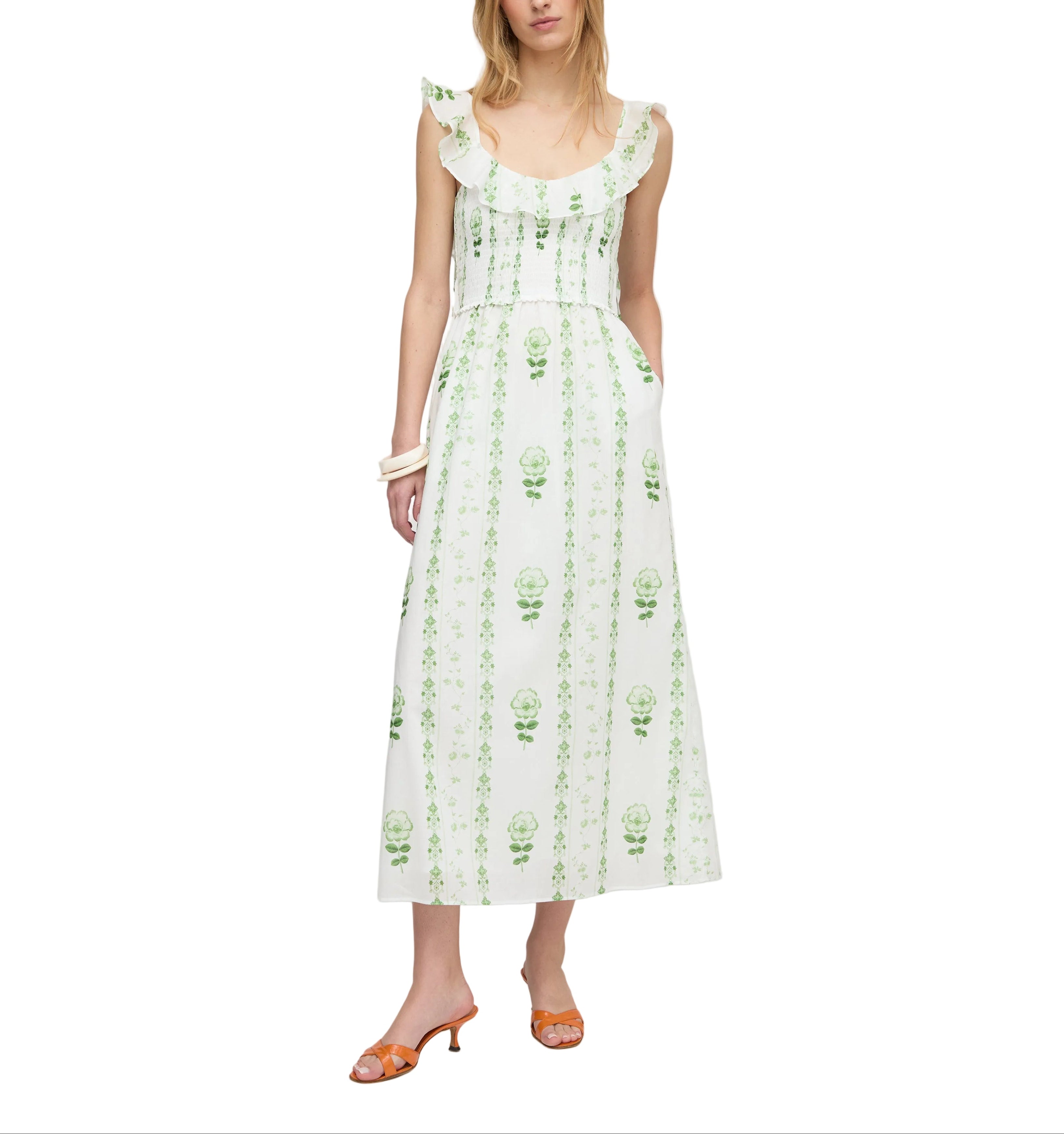 The Cambria Nap Dress in White/Green Arcadia Border