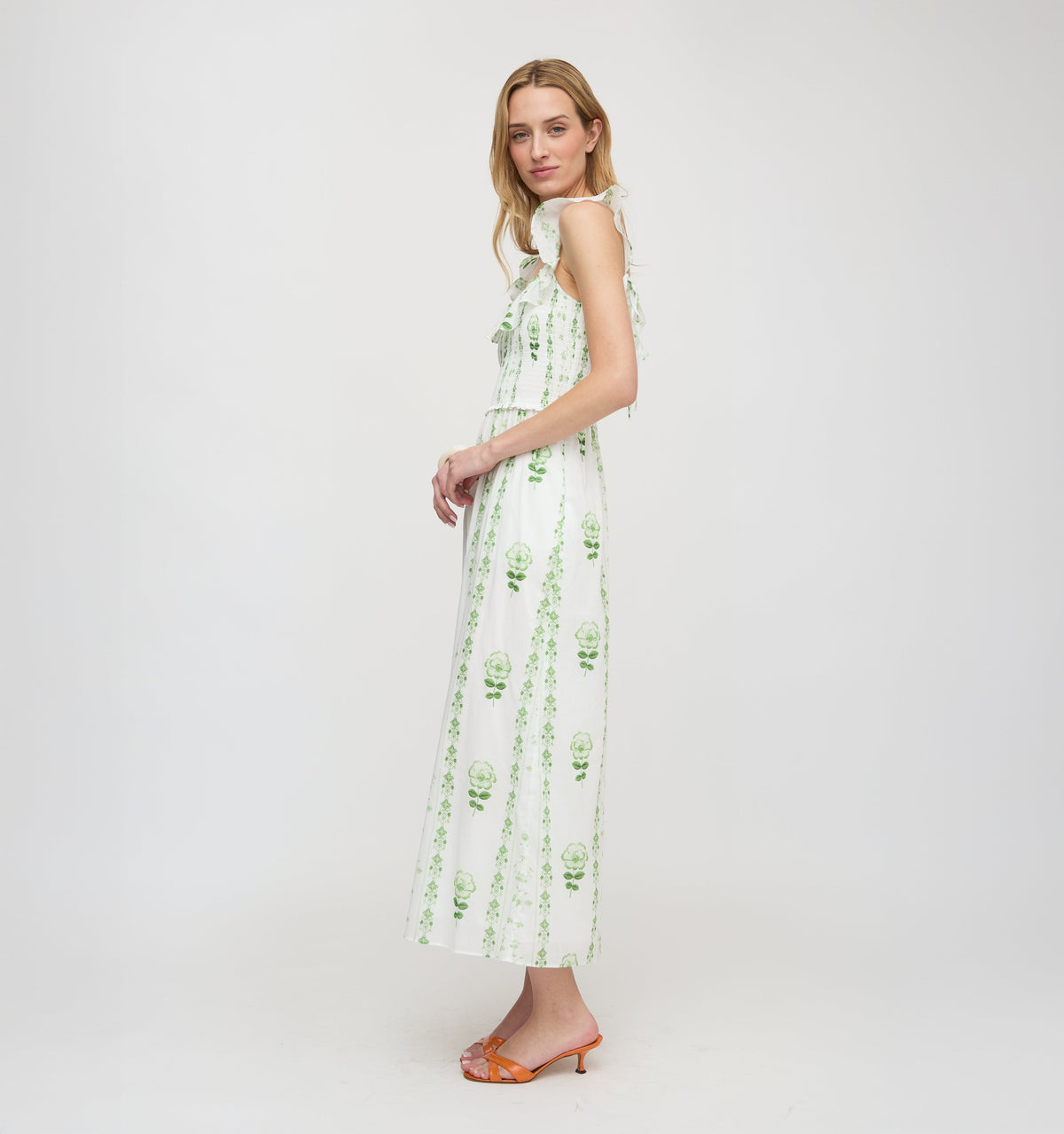 The Cambria Nap Dress in White/Green Arcadia Border