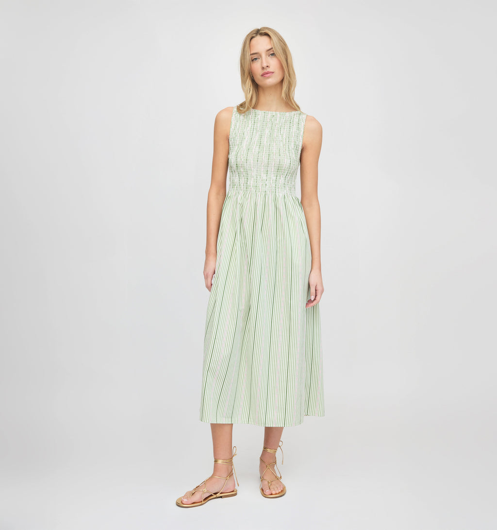 The Cosima Nap Dress in Green Jacquard Stripe