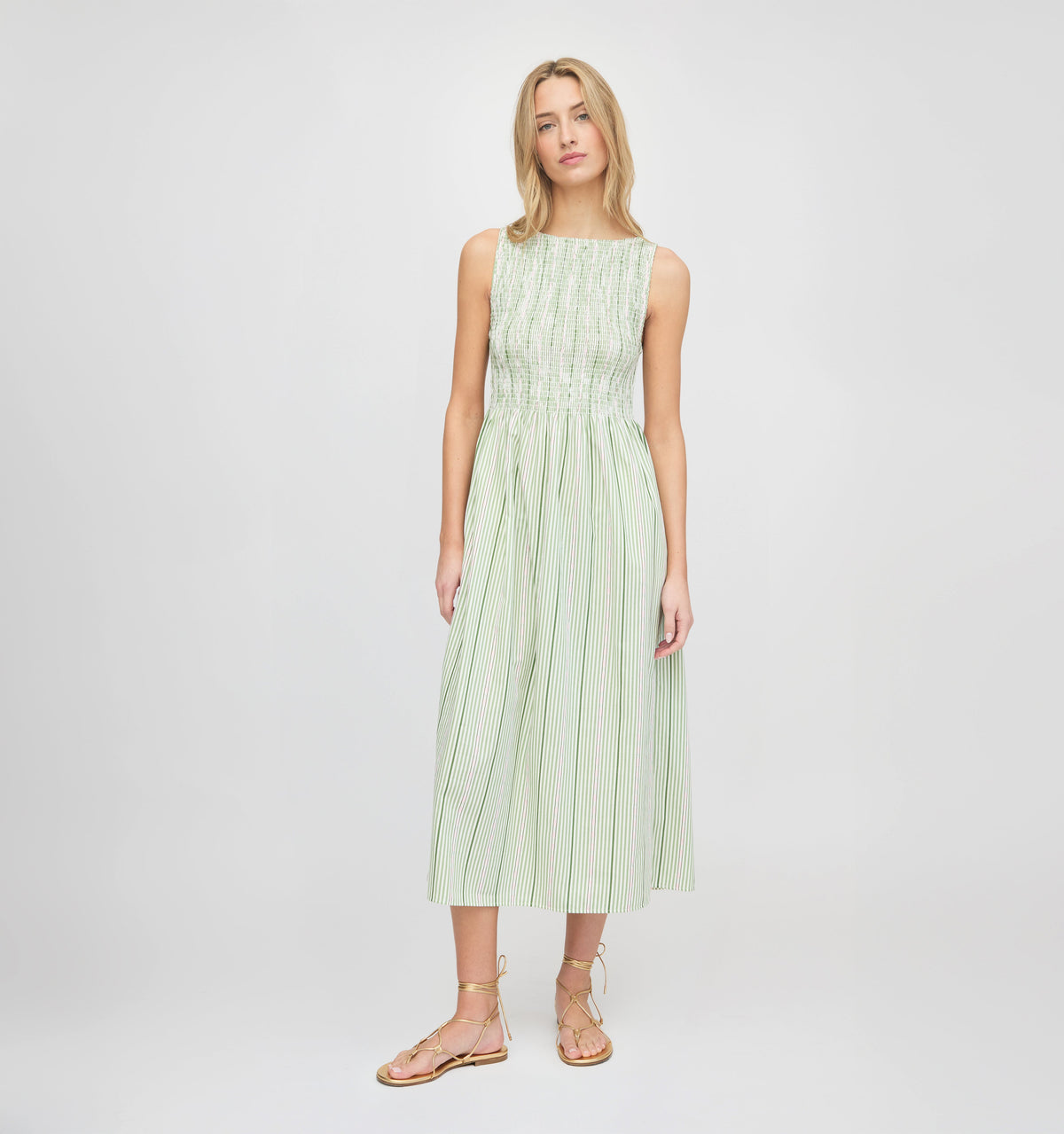 The Cosima Nap Dress in Green Jacquard Stripe