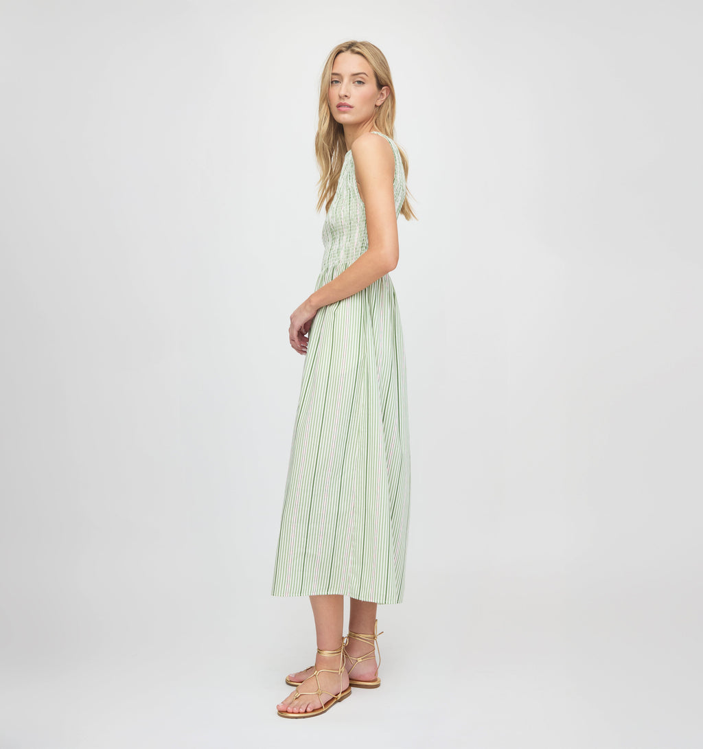 The Cosima Nap Dress in Green Jacquard Stripe