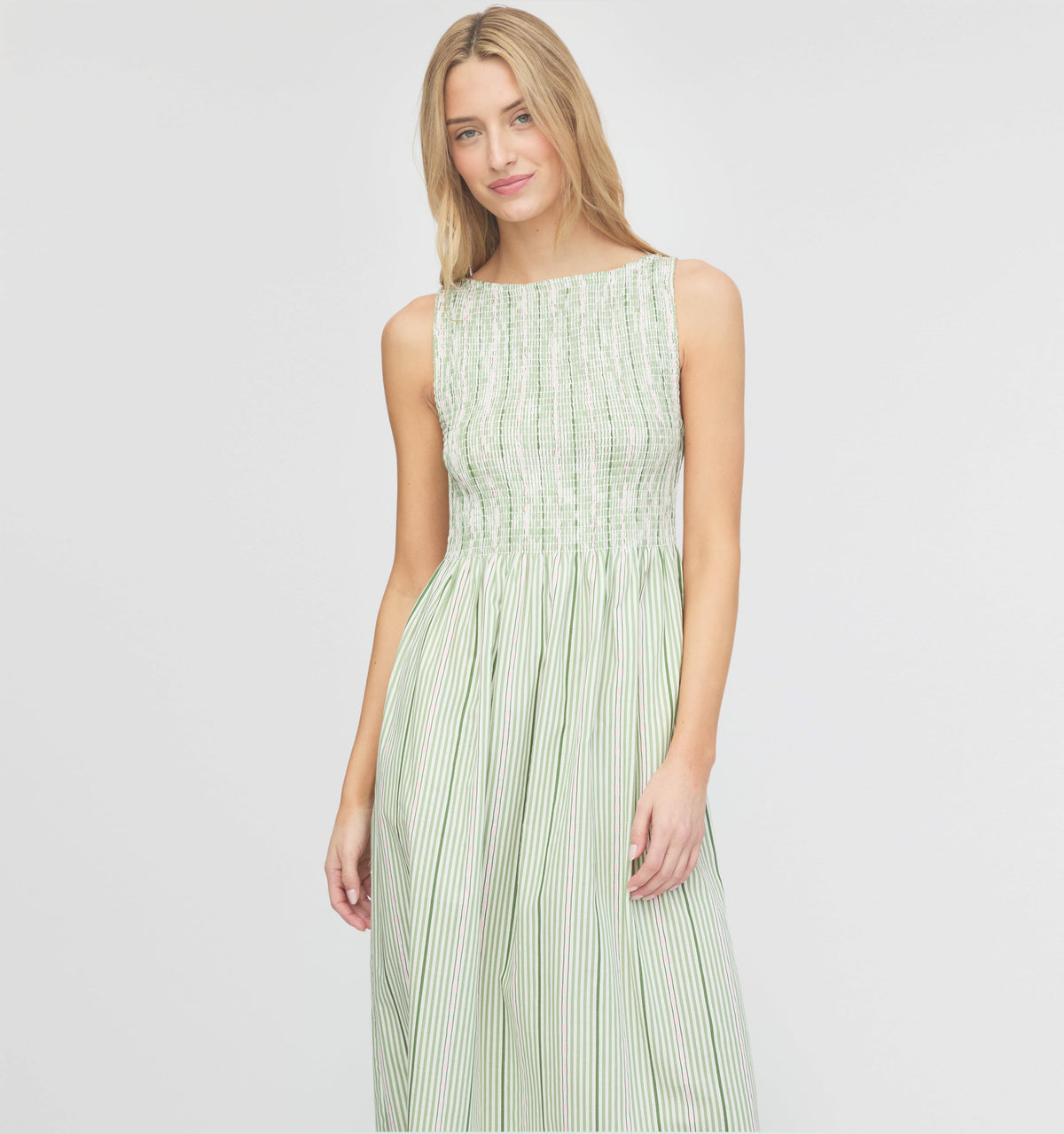 The Cosima Nap Dress in Green Jacquard Stripe