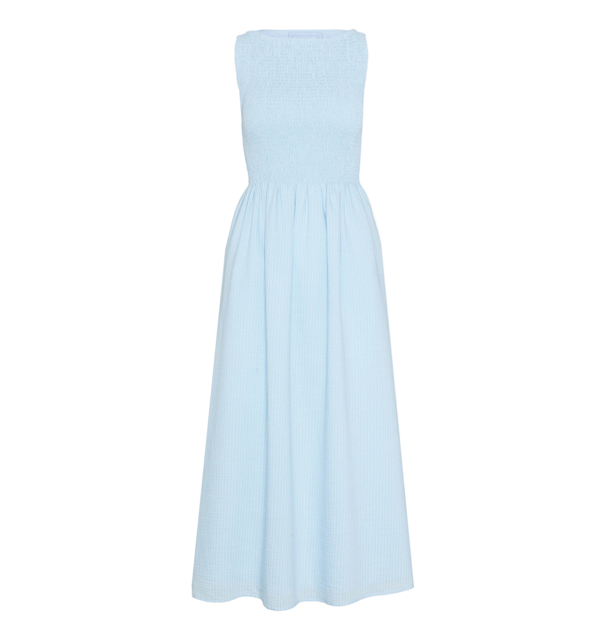 Front view of The Cosima Nap Dress in pale blue with fully smocked bra-friendly bodice and gathered textured skirt on white background