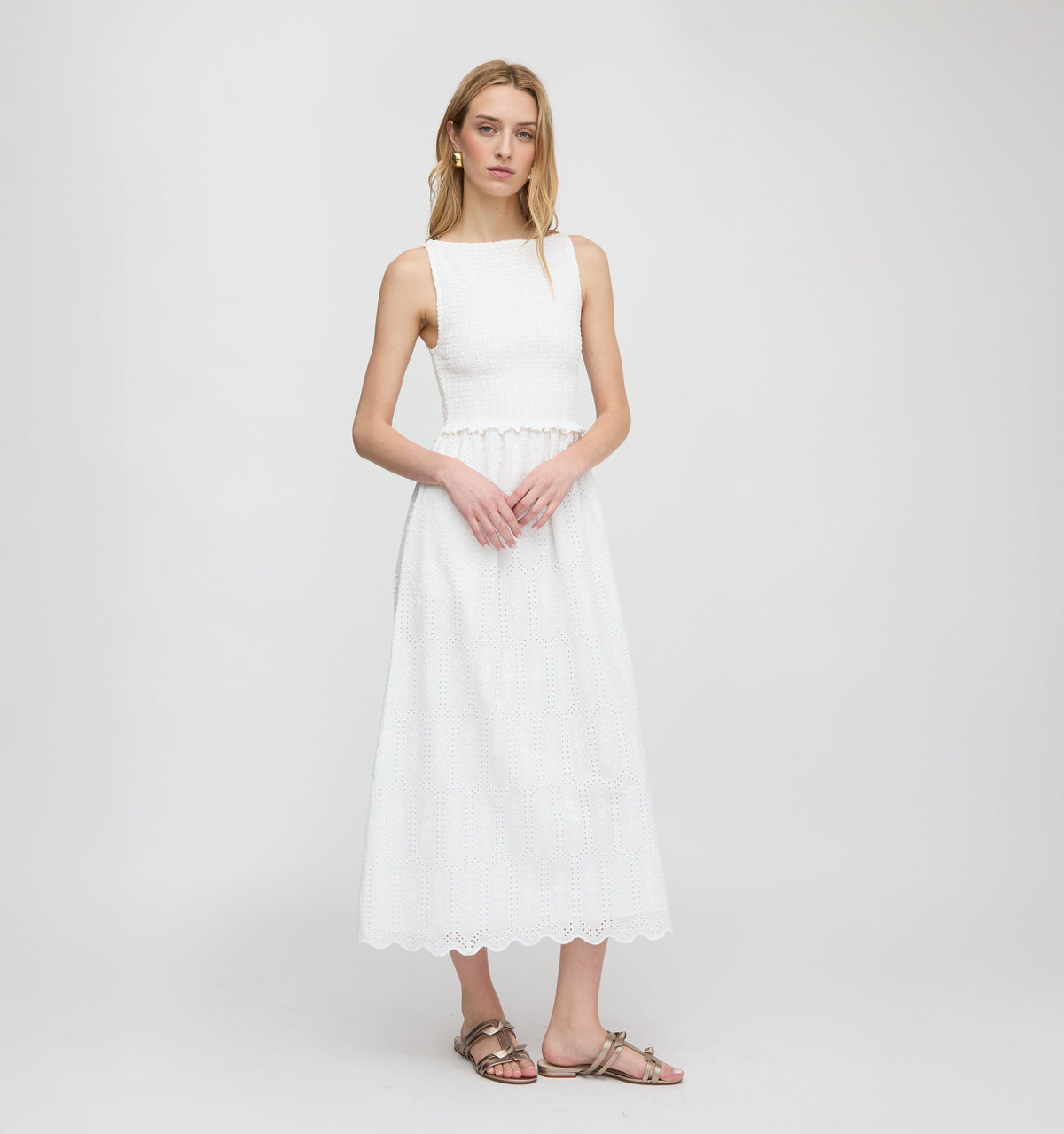 The Christina Nap Dress in White Trellis Broderie