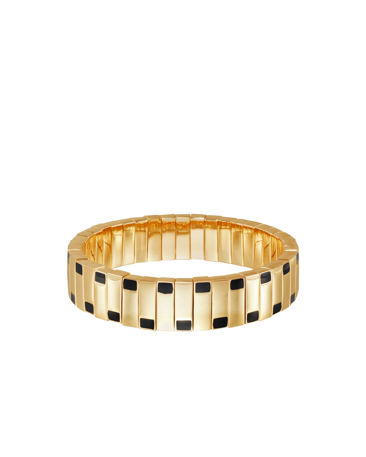 Front view of The Deco Bracelets showcasing gold tone and black enamel with a white background
