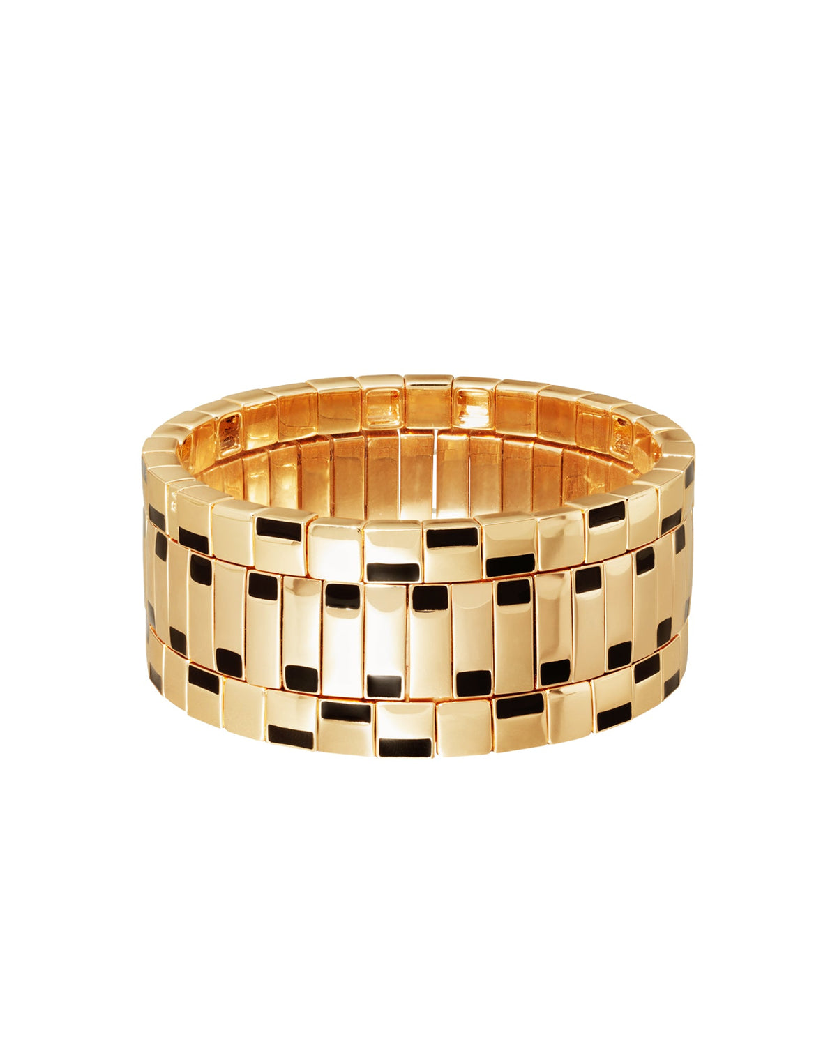 Close-up of The Deco Bracelets showcasing three gold tone and black enamel stretch bracelets on a white background