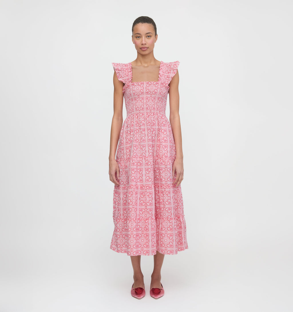 The Ellie Nap Dress in Patchwork Doily Heart Red