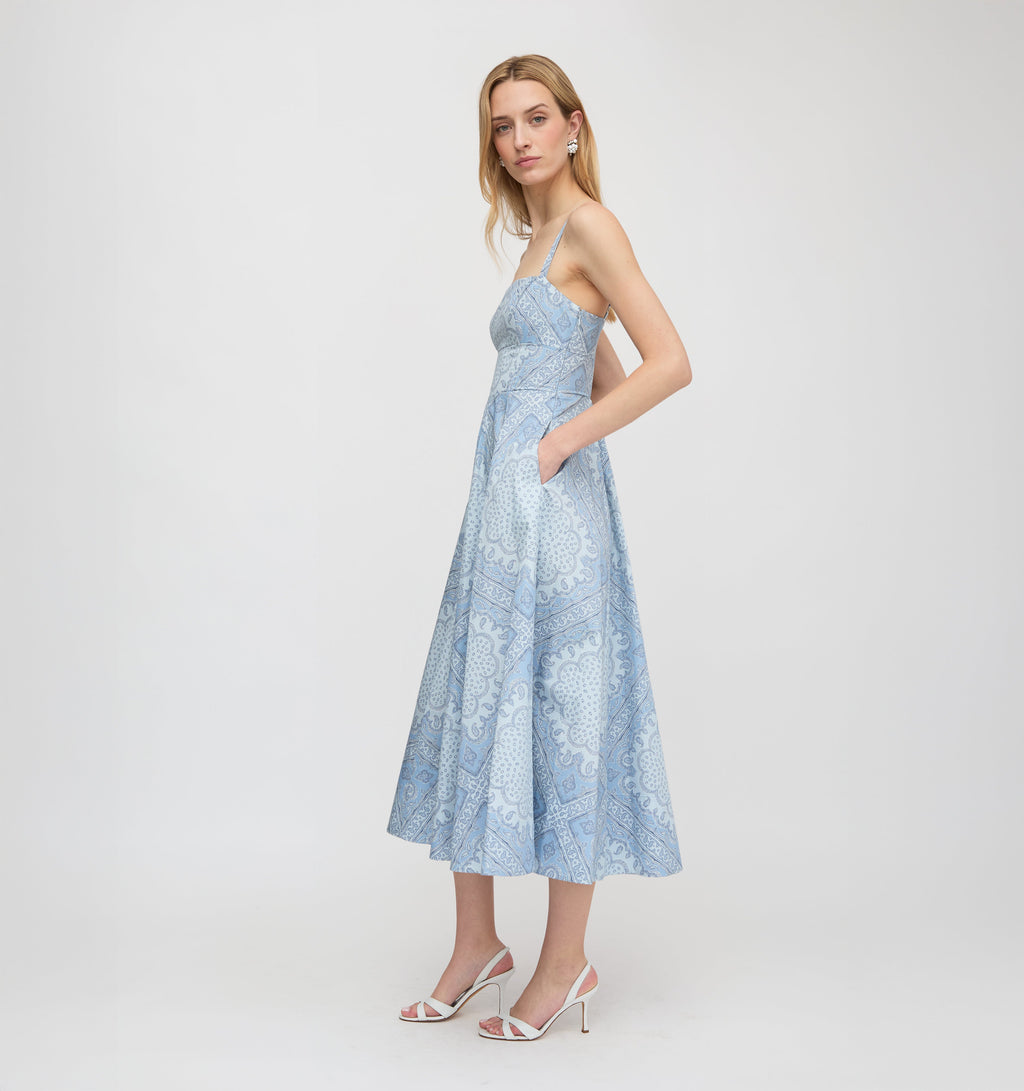 The Margot Dress in Dusty Blue Paisley Scarf