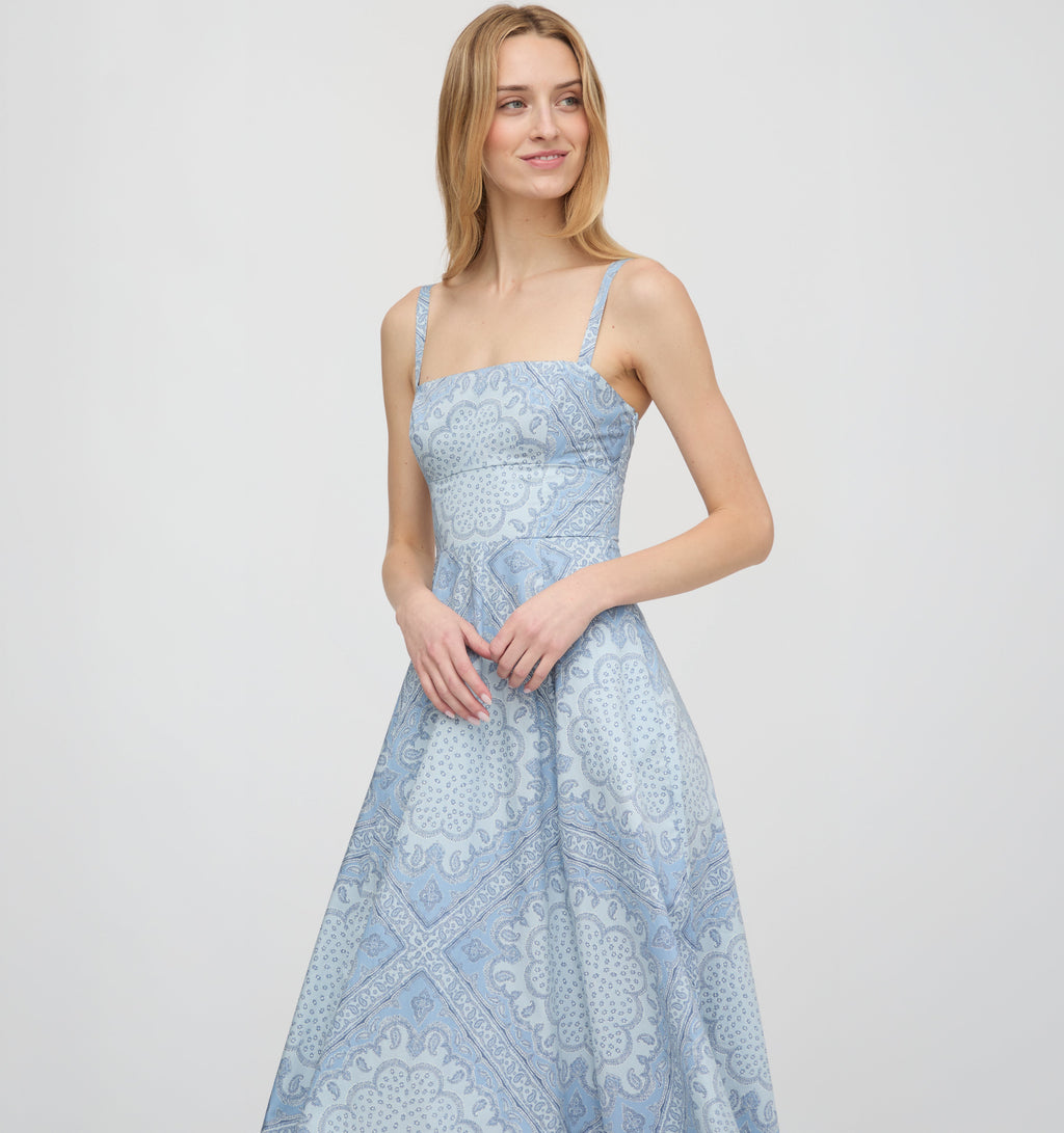 The Margot Dress in Dusty Blue Paisley Scarf