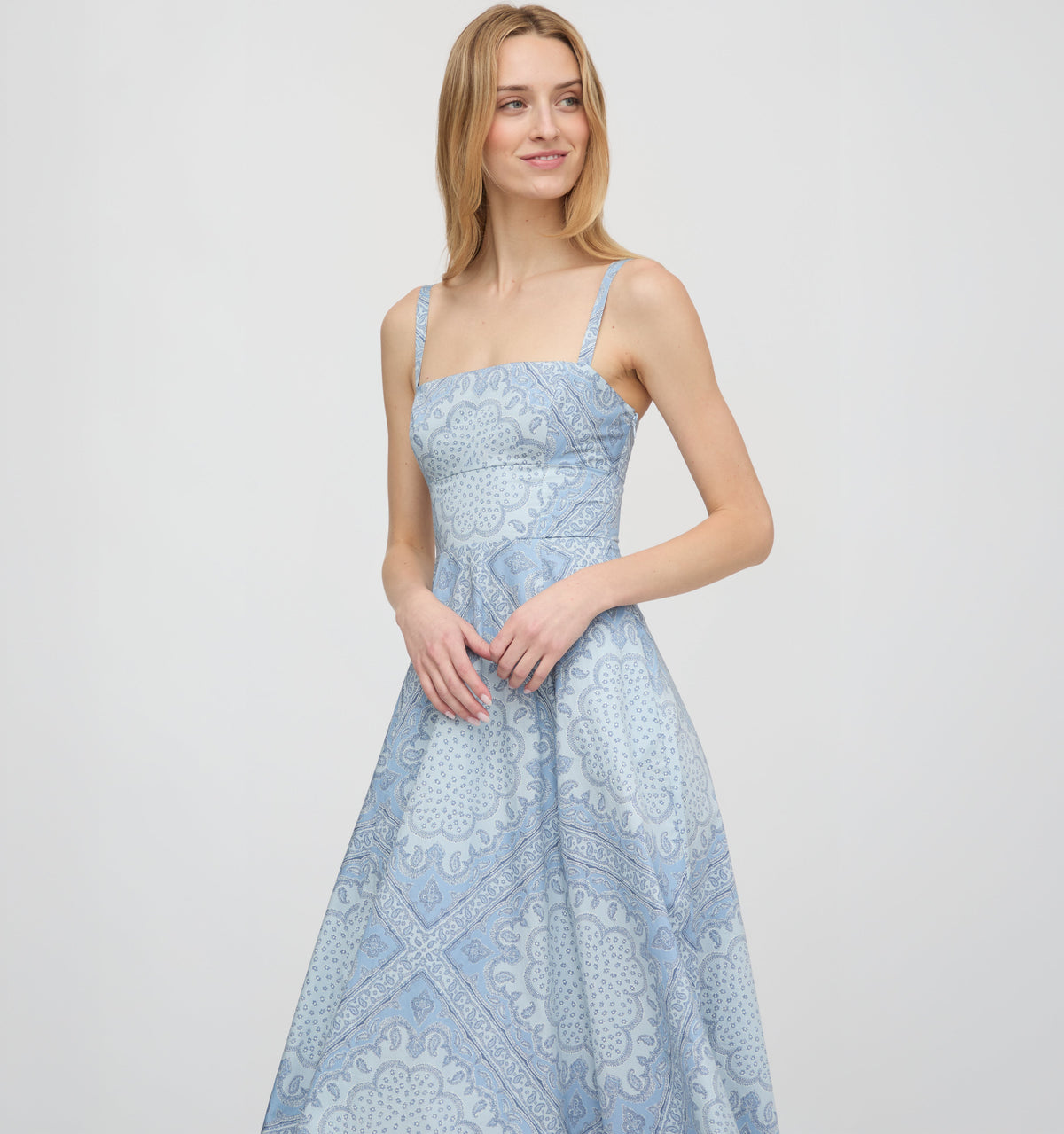 The Margot Dress in Dusty Blue Paisley Scarf