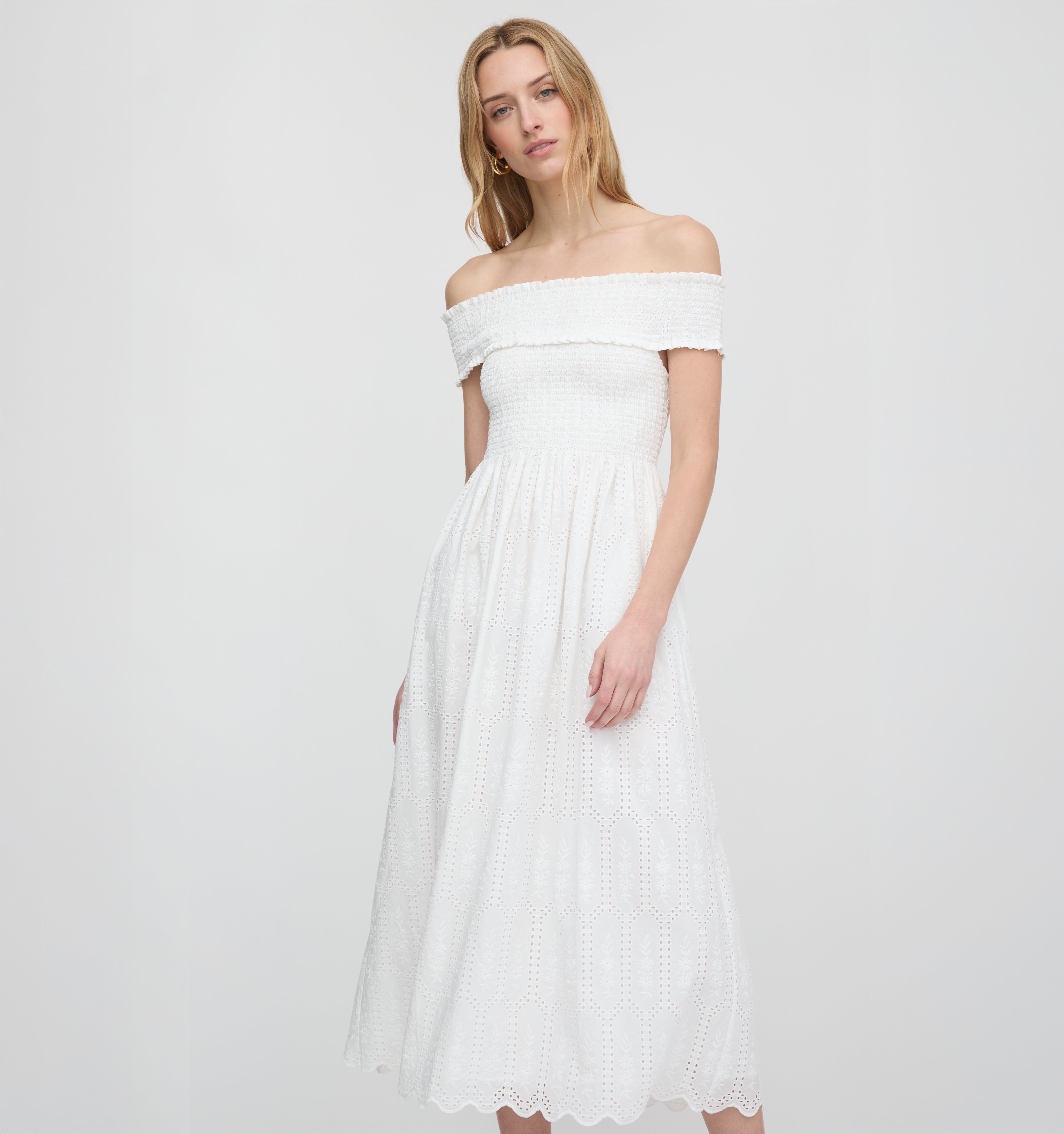 The Marguerite Nap Dress in White Trellis Broderie