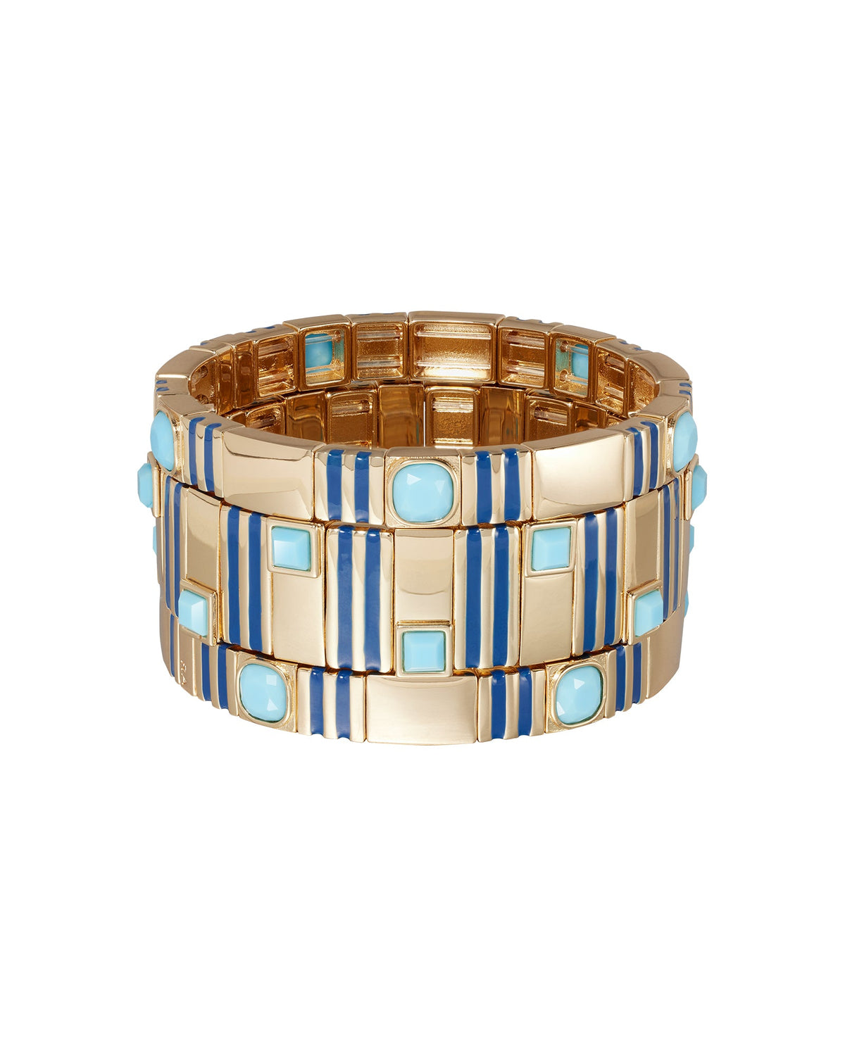 Front view of The Marino bracelet stack showing gold-tone links, blue enamel stripes, and light blue square and round stones on white background