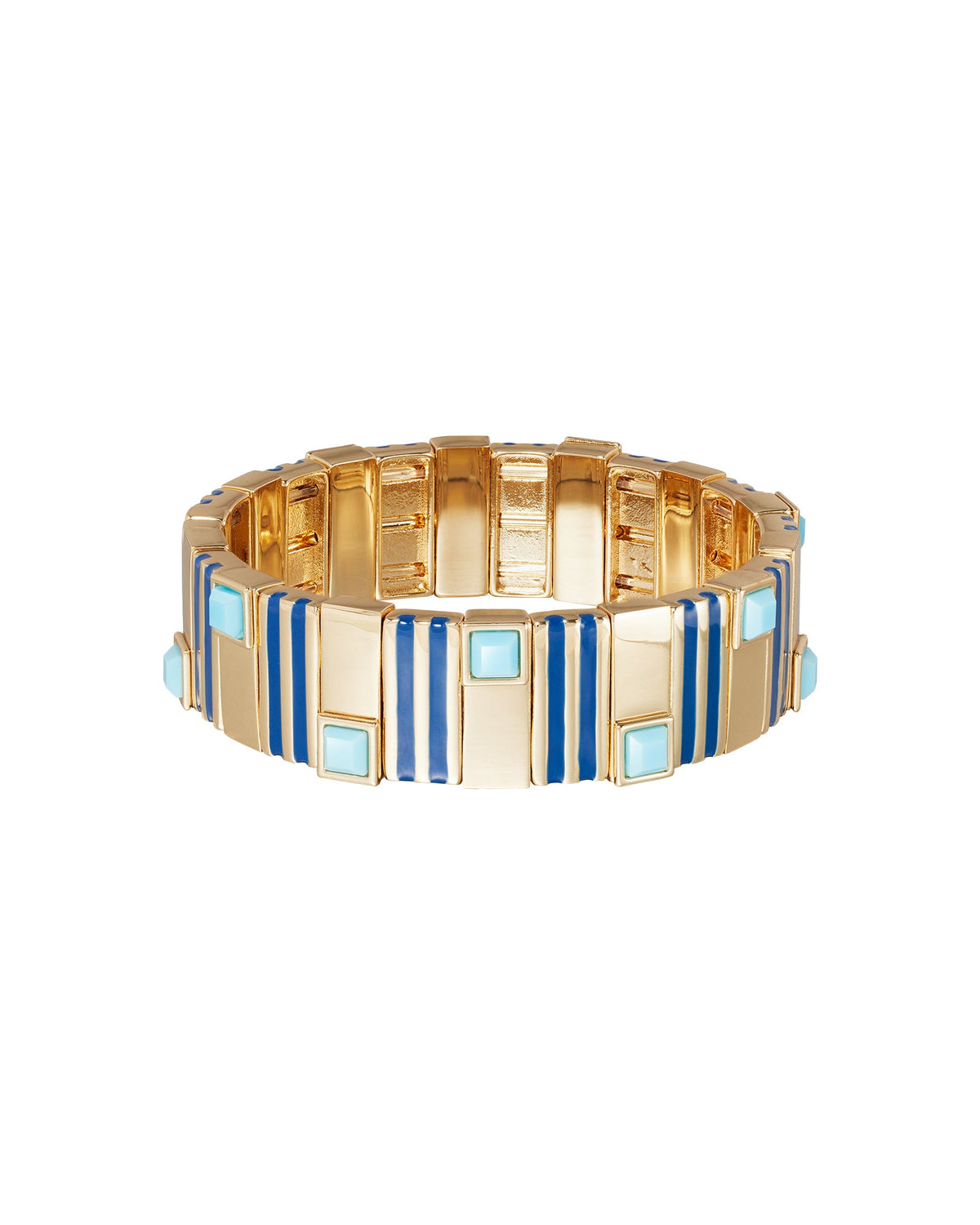 Front view of The Marino Bracelet showcasing three layers, gold-tone beads, navy stripes, and turquoise glass stones on white