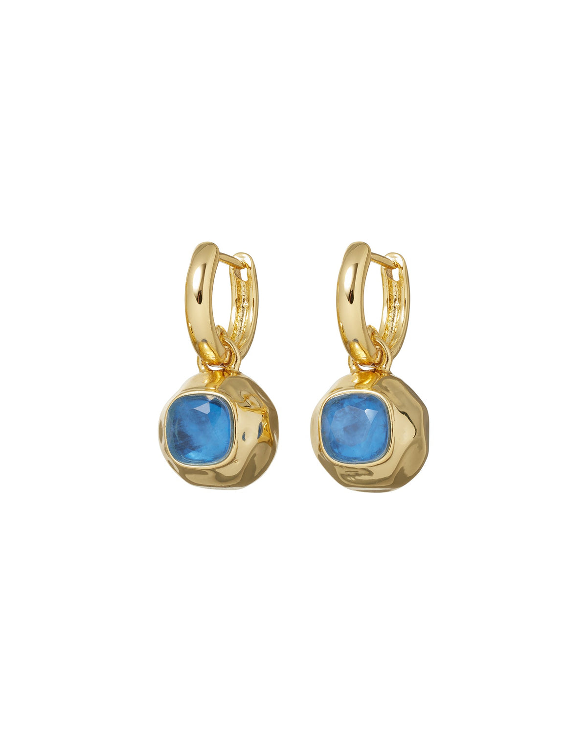 Front view of Marino drop earrings showing gold-tone hinged mini hoops with navy faceted glass stones on white background
