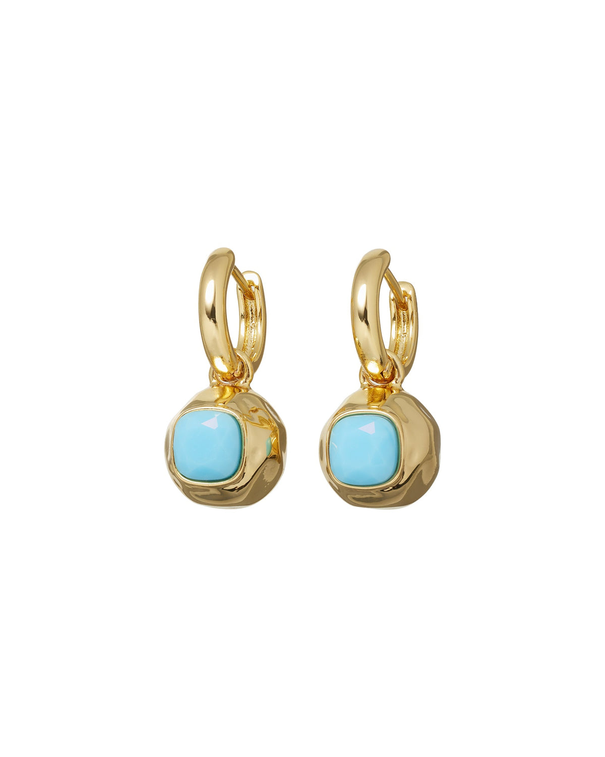Front view of The Marino Drop Earrings showcasing gold tone mini hoops and turquoise glass stones on a white background