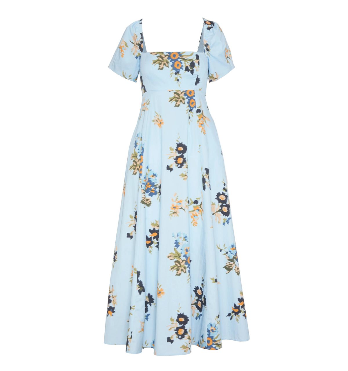 Front view of The Matilda Dress in Sloane Floral showcasing fitted empire waist and voluminous full skirt against a white background