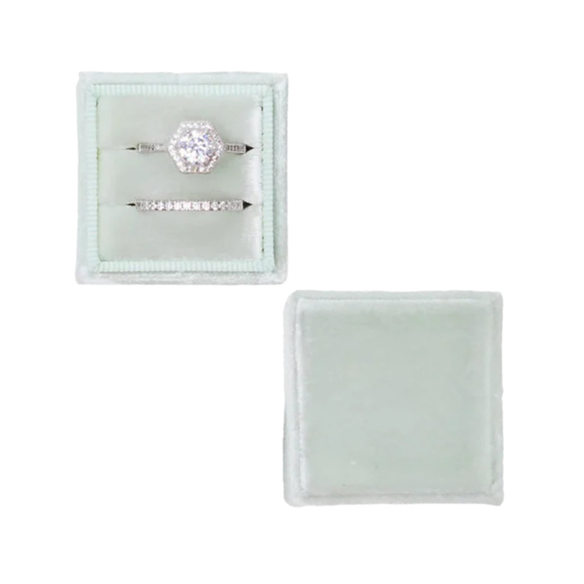 Top view of The Nouvelle Classic Double ring box showcasing two velvet slots for rings with lid beside box on white background