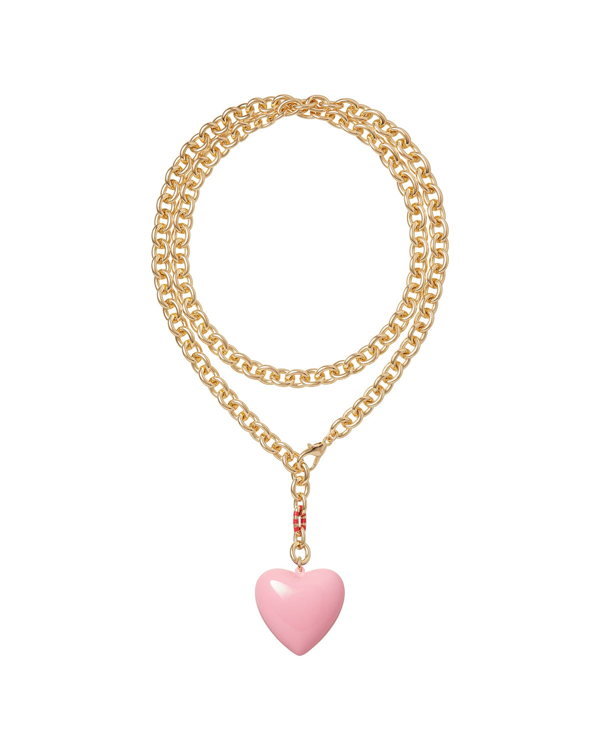 Front view of The Puffy Heart Necklace in Pink showcasing pink enamel heart and red-striped link on white background
