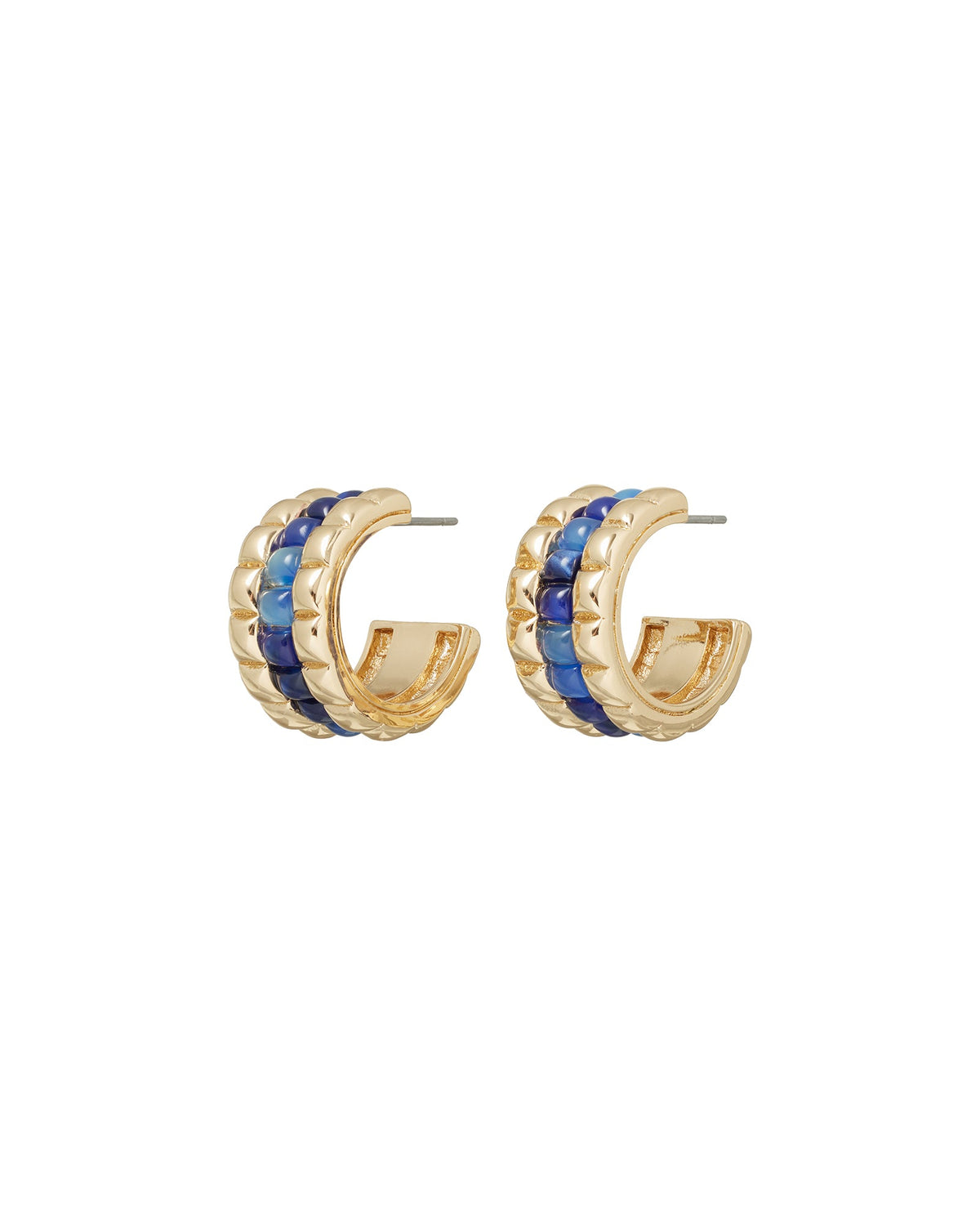 Front view of The Puffy Stud Hoop Earrings showcasing three rows of puffy studs and navy stones with a white background