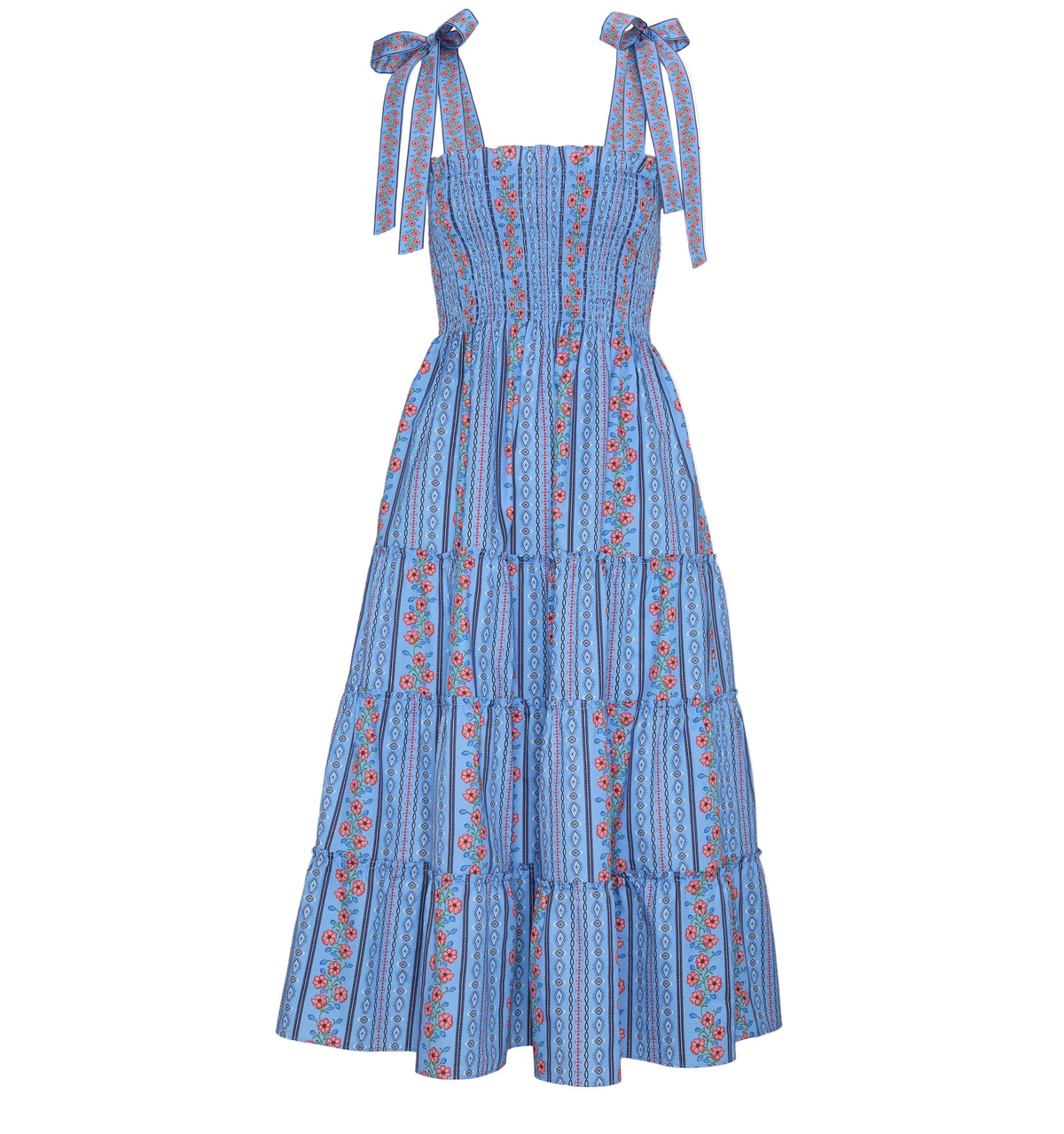 The Ribbon Ellie Nap Dress in Blue Floral Batik Stripe