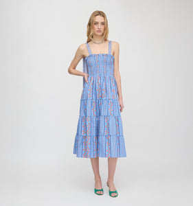 The Ribbon Ellie Nap Dress in Blue Floral Batik Stripe