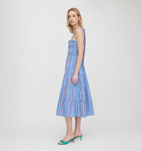 The Ribbon Ellie Nap Dress in Blue Floral Batik Stripe