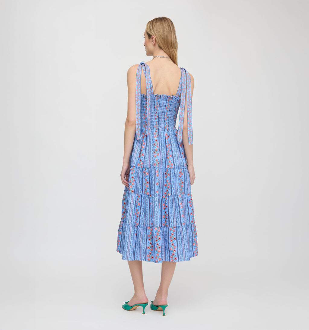 The Ribbon Ellie Nap Dress in Blue Floral Batik Stripe