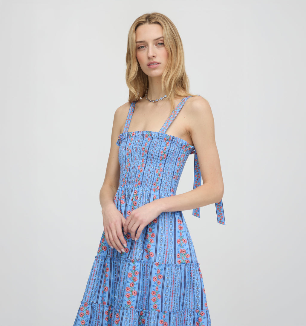 The Ribbon Ellie Nap Dress in Blue Floral Batik Stripe
