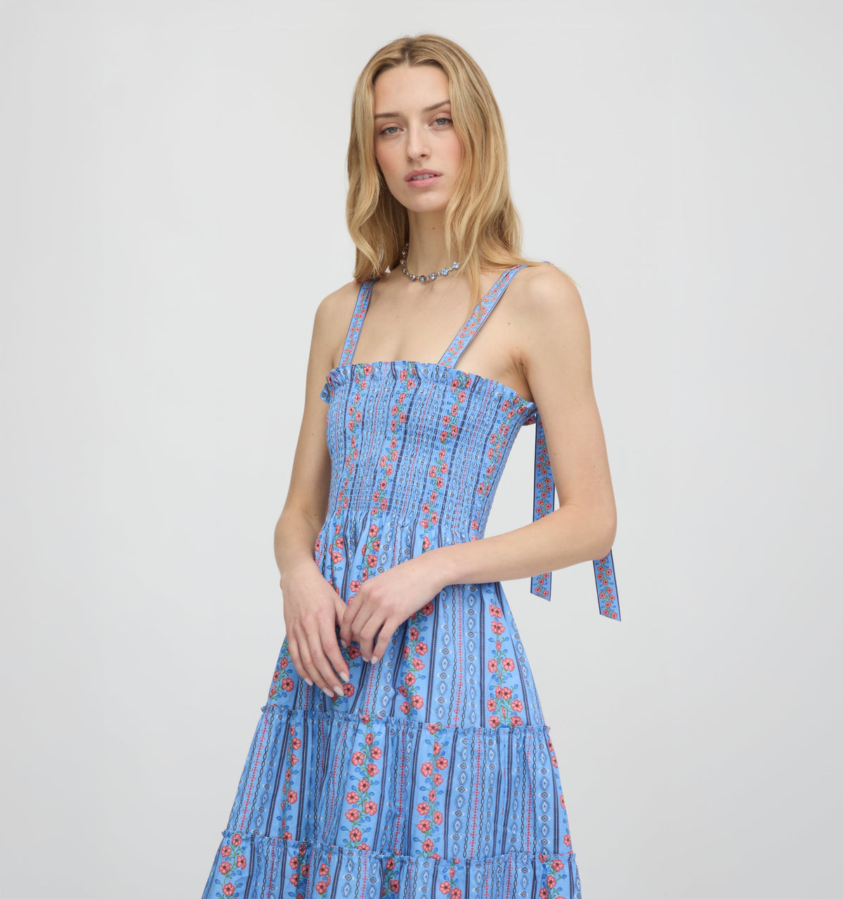 The Ribbon Ellie Nap Dress in Blue Floral Batik Stripe