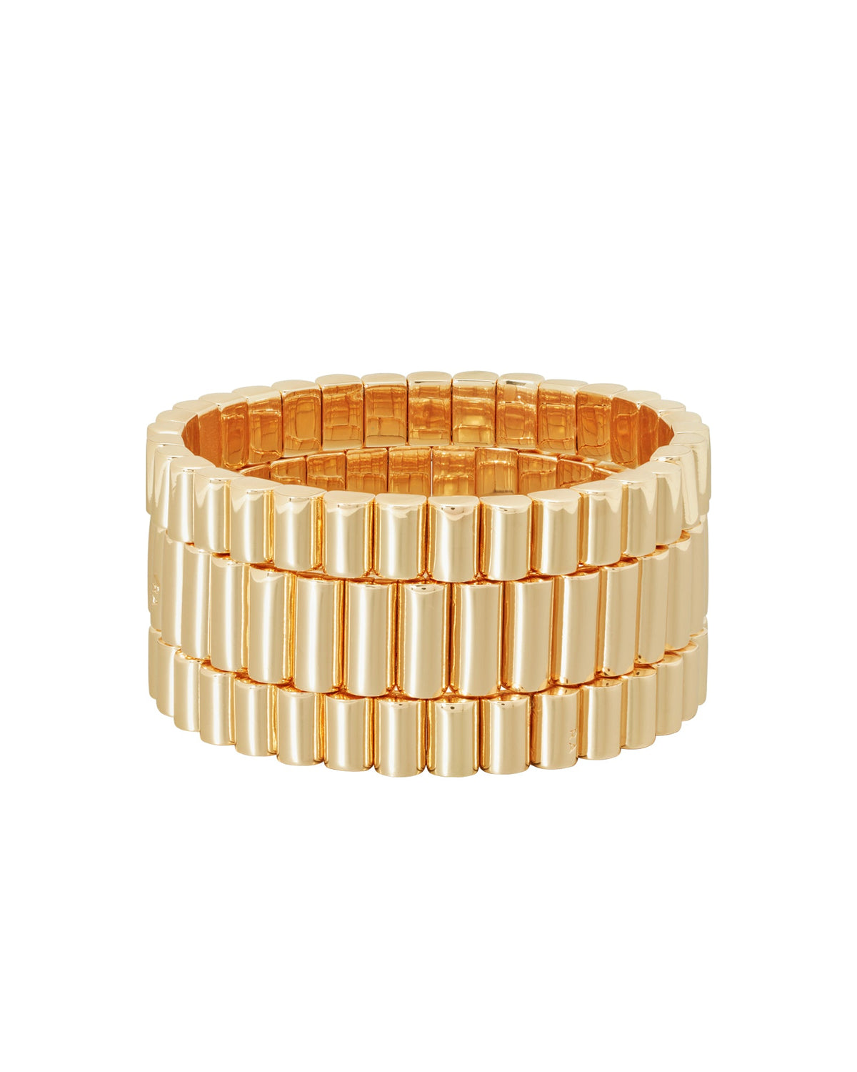 Front view of The Ripple Bracelet showcasing three gold toned enamel stretch bracelets with a white background