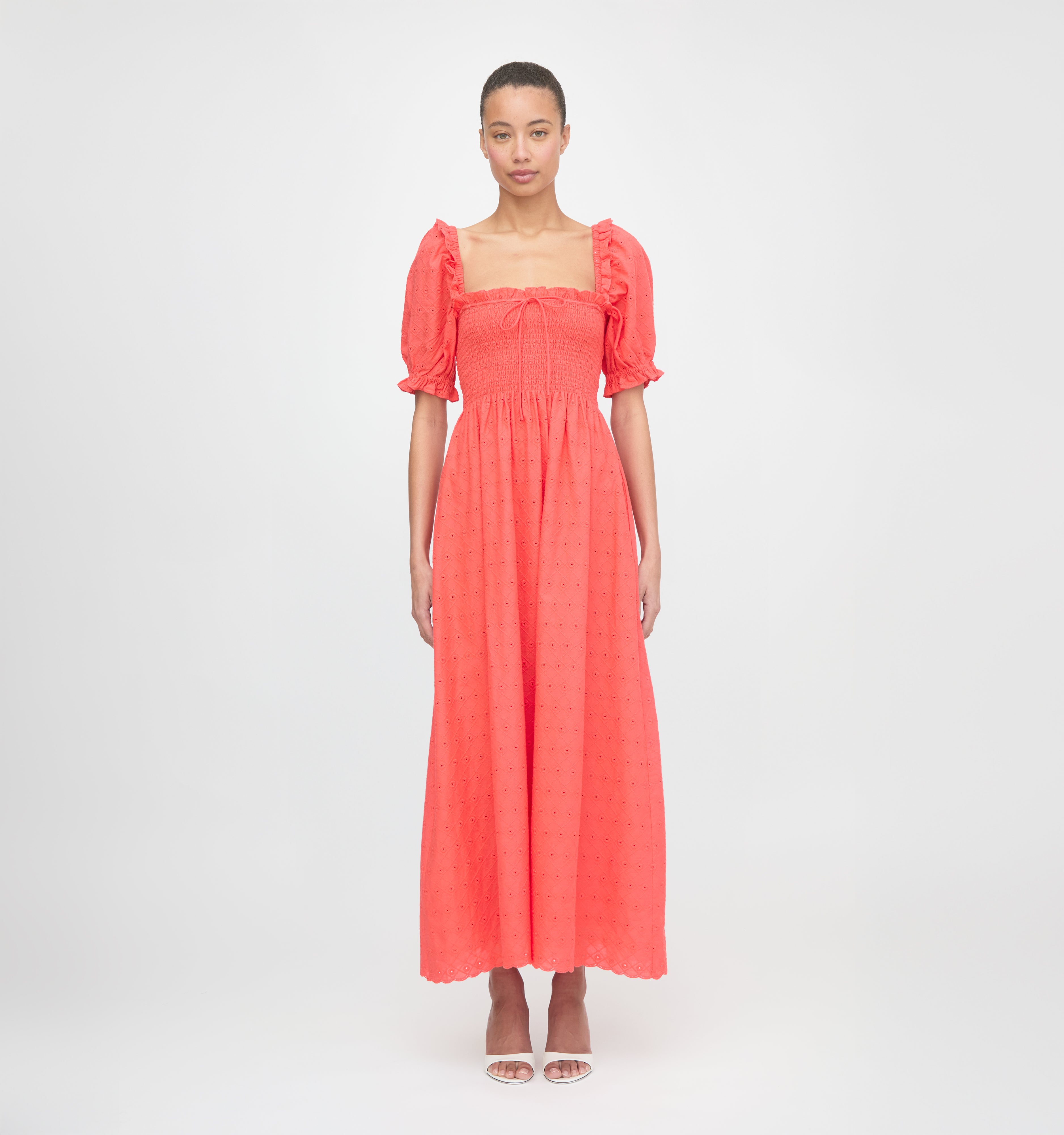 The Scarlett Nap Dress in Coral Daisy Broderie
