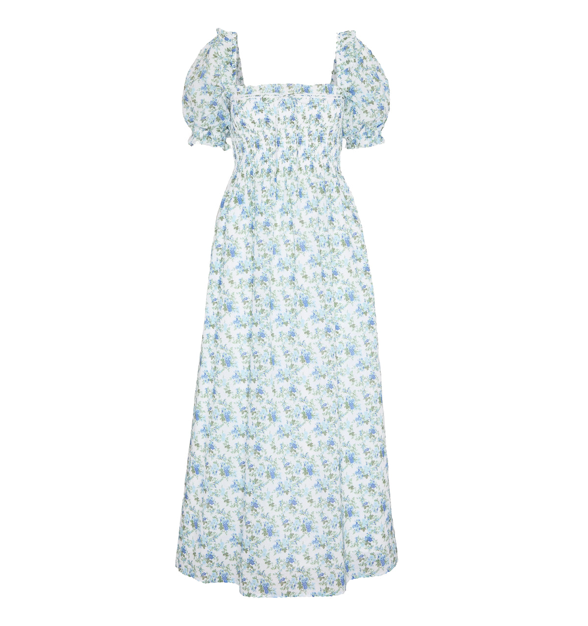 Front view of The Scarlett Nap Dress in English Daisy with puff sleeves, lace-trim neckline and smocked bodice on white background