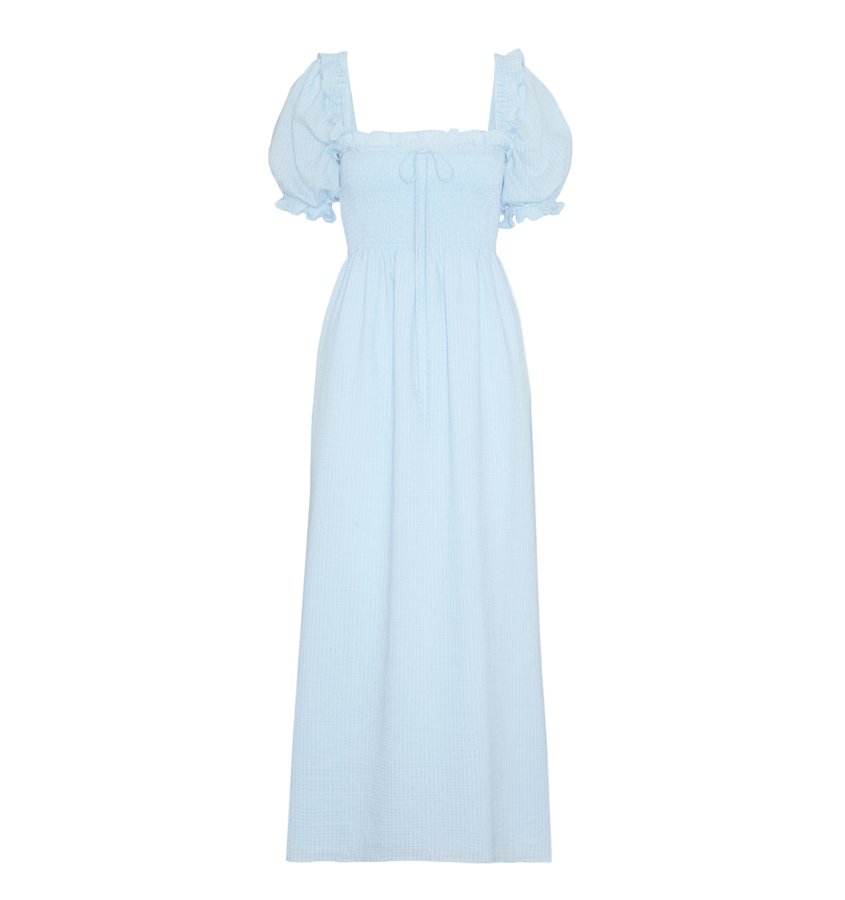 Front view of The Scarlett Nap Dress in Pale Blue with puff sleeves, lace-trim neckline, and slim ankle-length skirt
