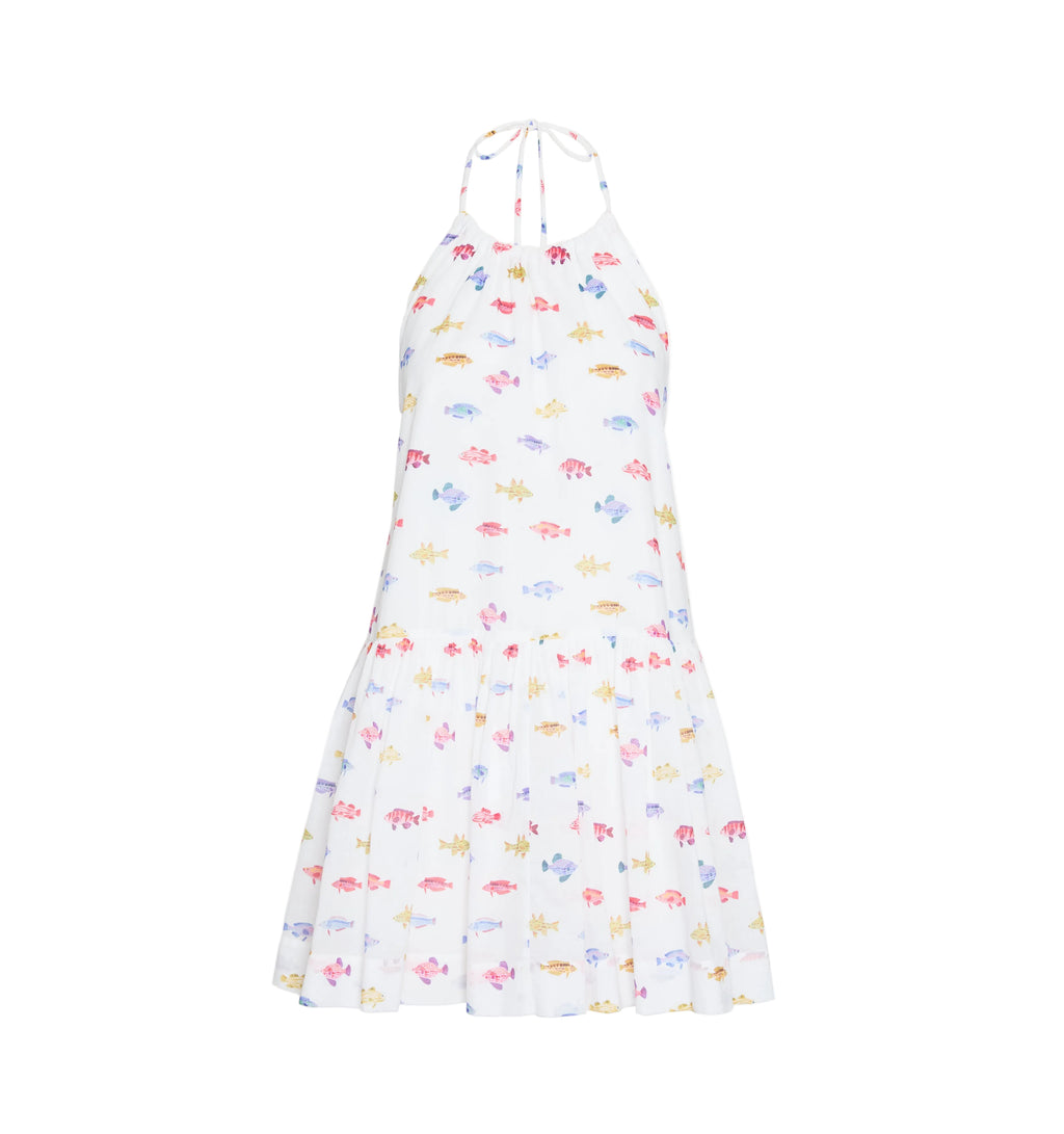 The Sol Tunic Dress in White Rainbow Fish