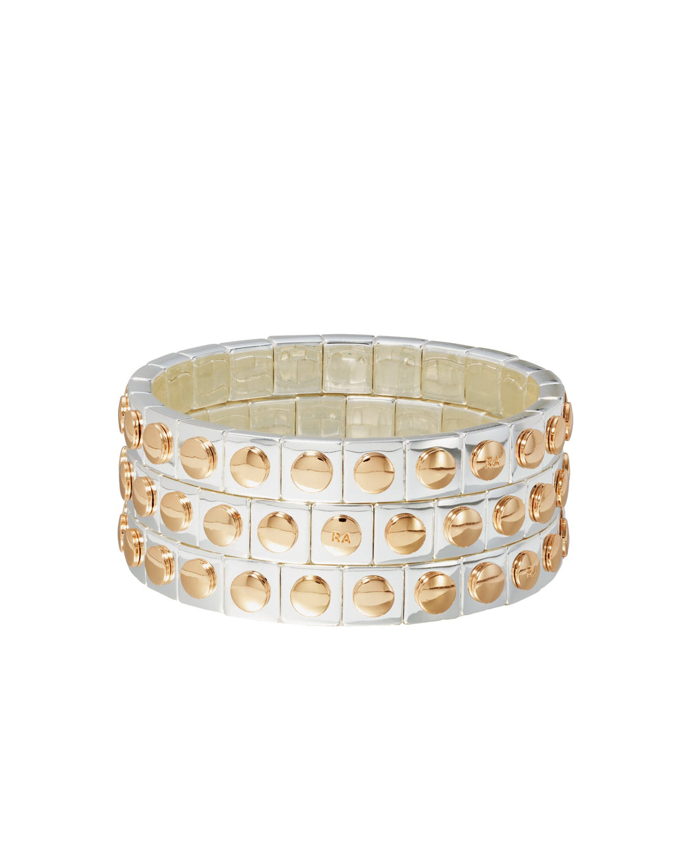 Front of The Stud Bracelet set of three showcasing gold-tone studs on silver-and-gold stretch bands on white background