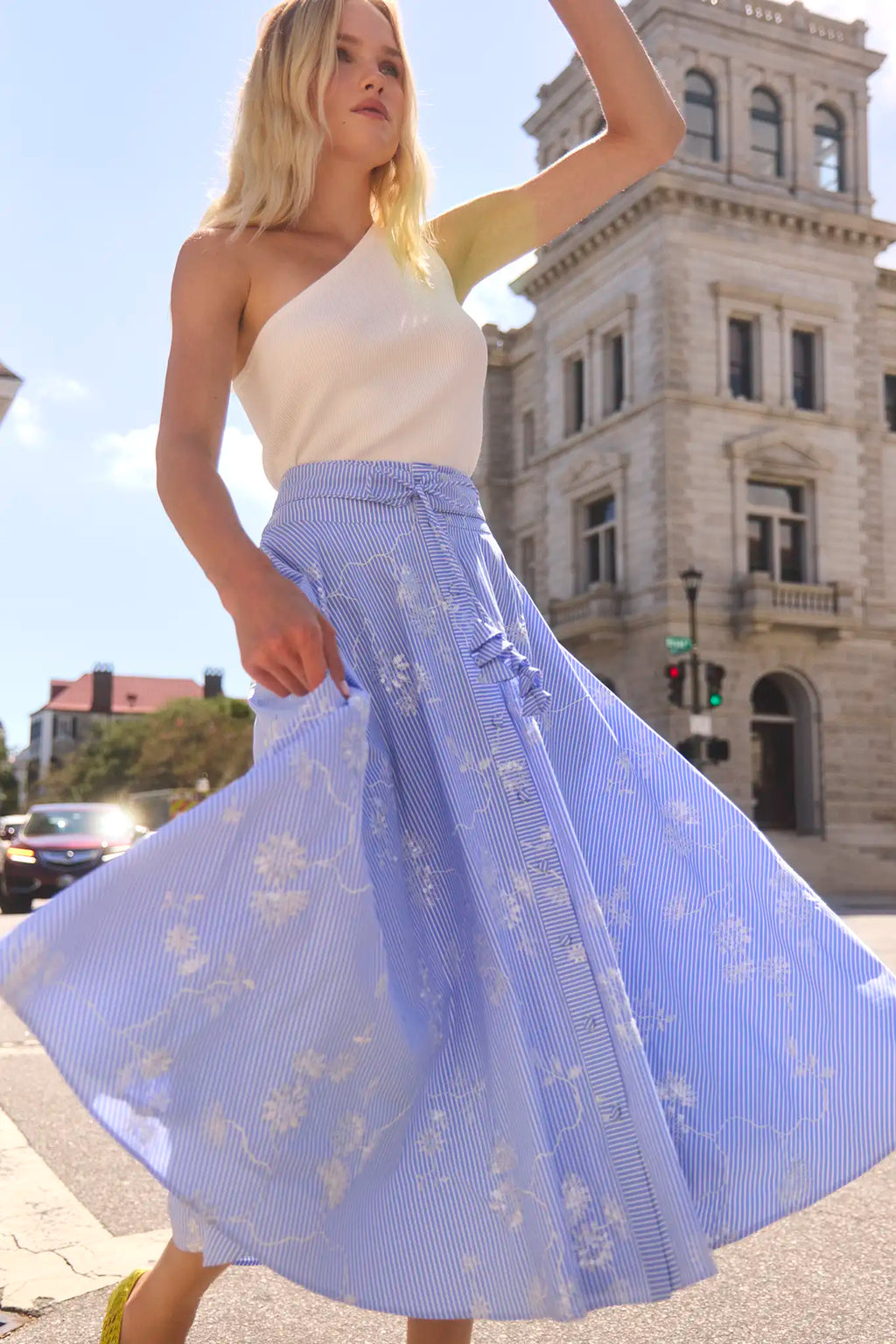 Rhode Tank in white paired with Thistle Skirt in Sullivan Stripe 