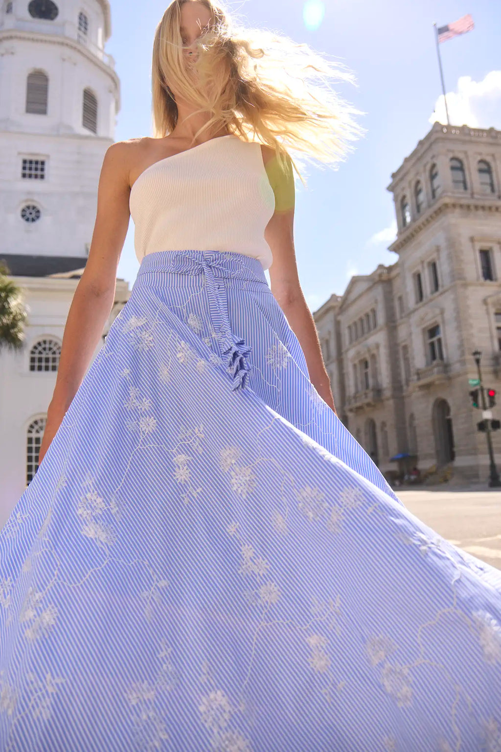 Thistle Skirt in Sullivan Stripe paired with Rhode Tank in White.