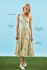 The Thompson Dress in Garden Rose Periwinkle with call outs.