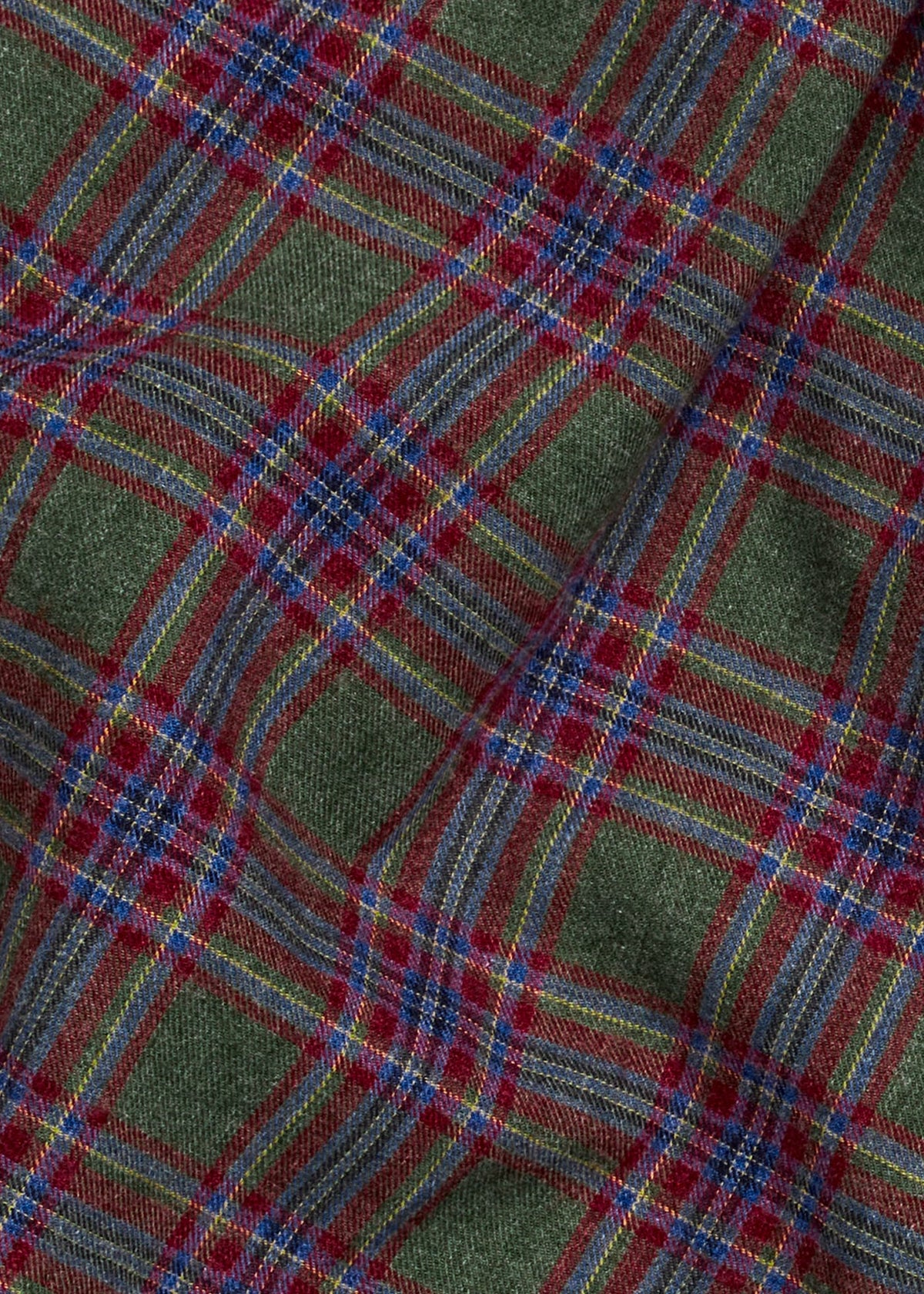 Little English traditional children's clothing. Olive, maroon, and blue Thornhill Plaid fabric swatch