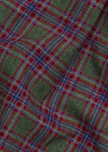 Little English traditional children's clothing. Olive, maroon, and blue Thornhill Plaid fabric swatch