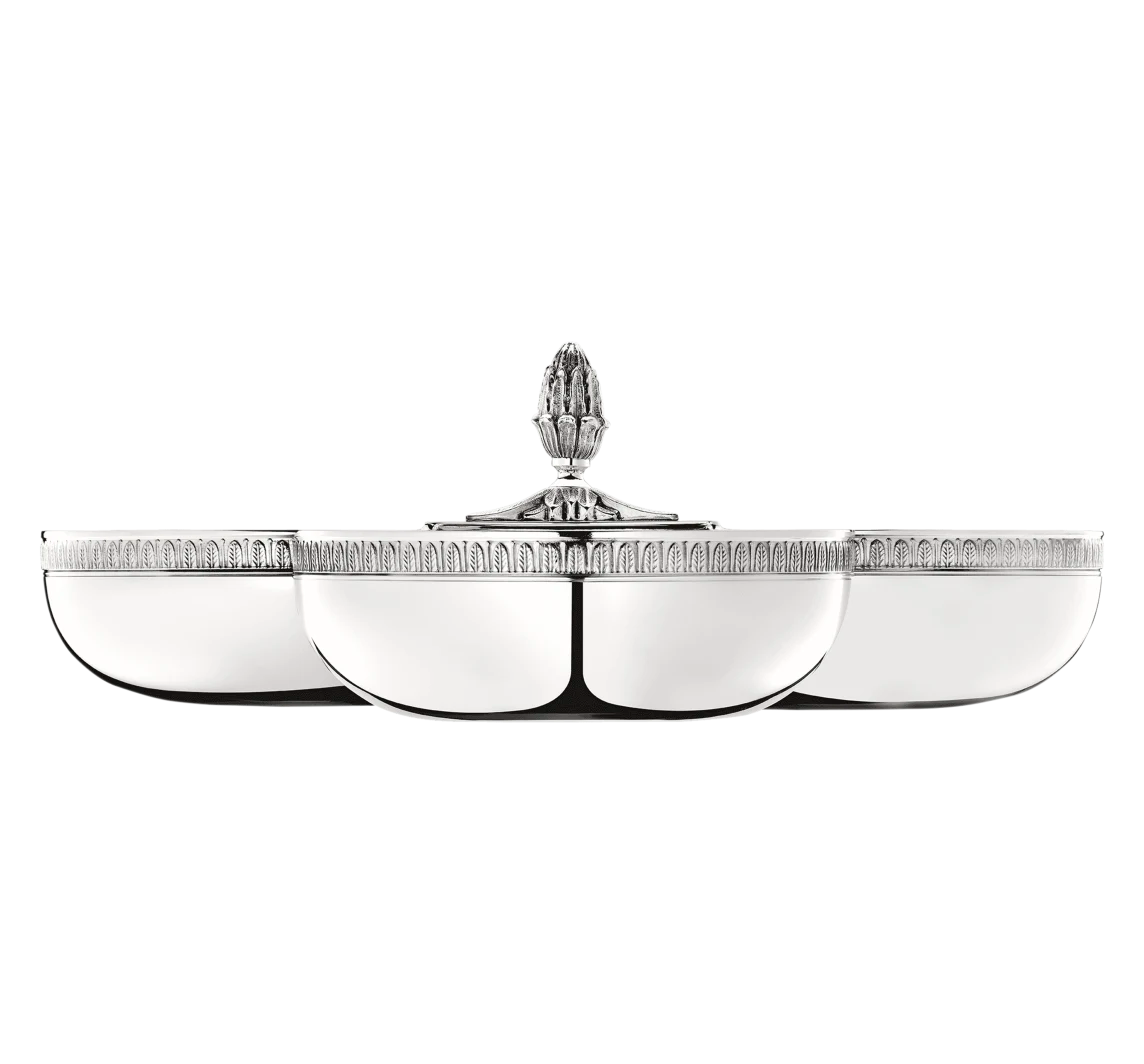 Front view of Malmaison Silver-plated Three Part Server showcasing three separate bowls and palm and lotus leaf motifs with a black background